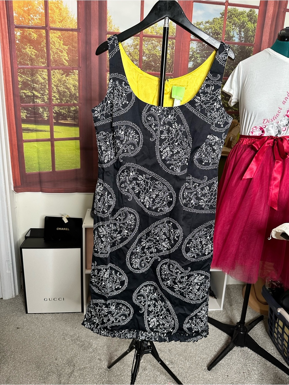Citrine Black Paisley Midi Dress with Yellow Lining - Side split
